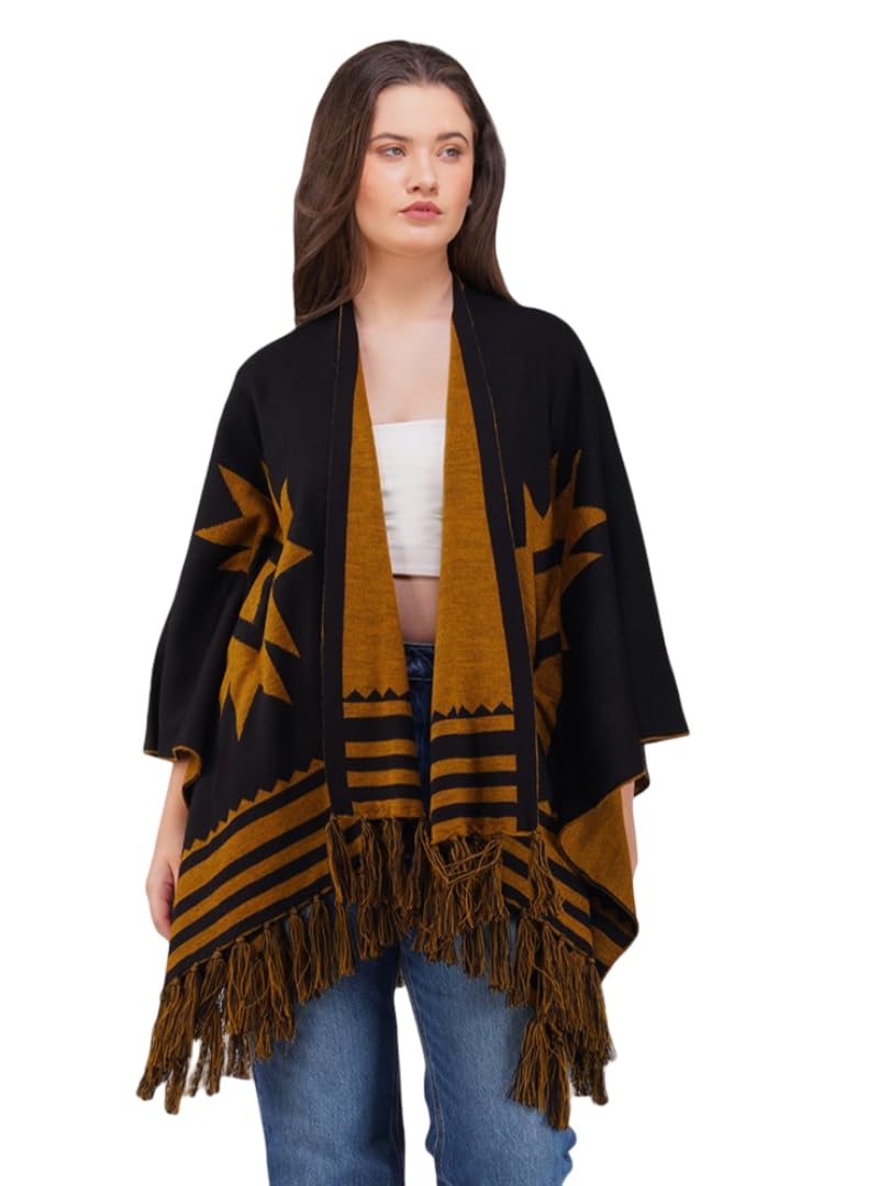 joe hazel Solid Women Black Poncho-picture-13