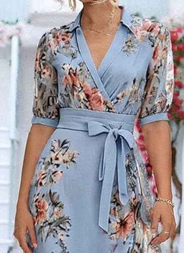 LOZ Womens Summer Dresses 2025 Blue Floral Puff Short Sleeve V-Neck Belt Midi Dress Fashion A-Line Wedding Guest Dresses3