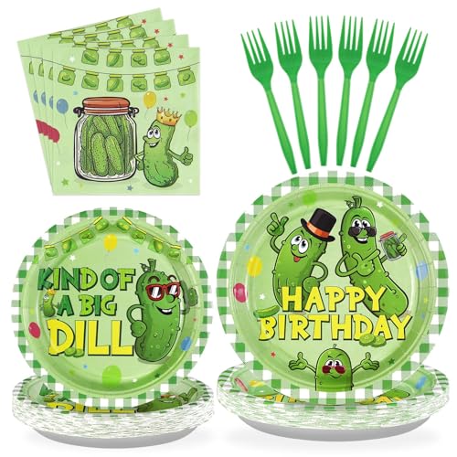 Image of Grencian 96Pcs Pickle Birthday Party Decorations, Serves 24 | Kind of a Big Dill Pickle Plates and Napkins Pickle Baby Shower Tableware Set for Funny Cute Dill Cucumber Theme Supplies