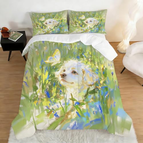 Image of Cute Dog Comforter Set Full Size Pet Puppy Animal Bedding Sets for Girls Boys Kids Adults Bedroom Decor Green Watercolor Quilt 1 Comforter 2 Pillowcases