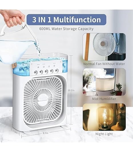 Image of CERLINK Portable Mini Air Cooler | Personal Cooling USB Fan with 7-Color LED Lights,Timer, 3 Wind Speed, 3 Spray Modes-Ideal for Home, Office, Dorm, Travel (Multicolor)