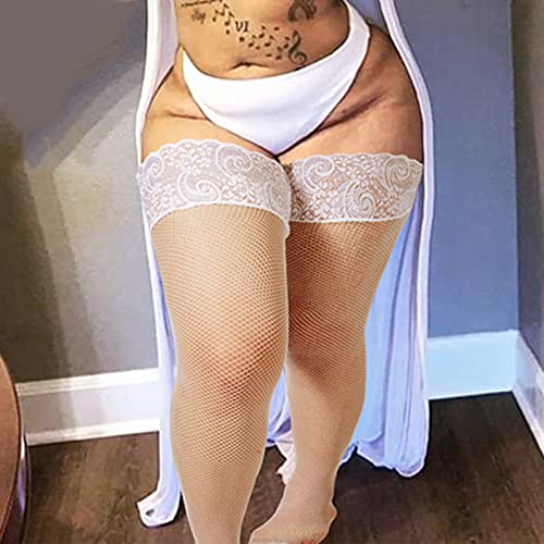 Image of Moon Wood Plus Size Fishnet Stockings Womens Sheer Silicone Lace Top Stay Up Lingerie Fishnets Thigh Highs Stockings