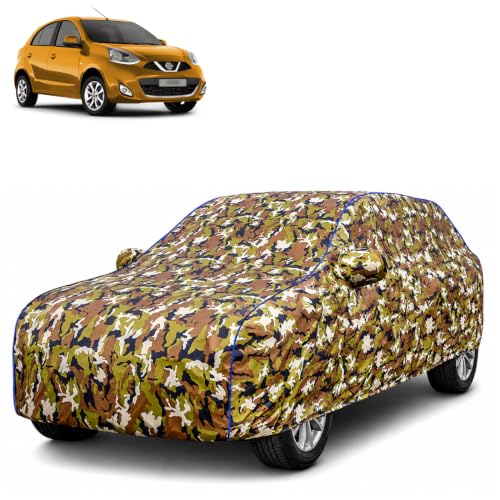 Image of Waterproof Car Body Cover for Nissan Micra with Mirror Pocket| Cotton Inner Lining | Triple Stitched | All Weather Protection | Dust, UV & Rain Proof (Camouflage with Blue Piping)