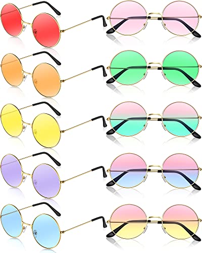 Blulu 10 Pairs John Round Hippie Sunglasses 60's Style Circle Sunglasses Circle Colored Glasses for Women Men Costumes Parties Gifts