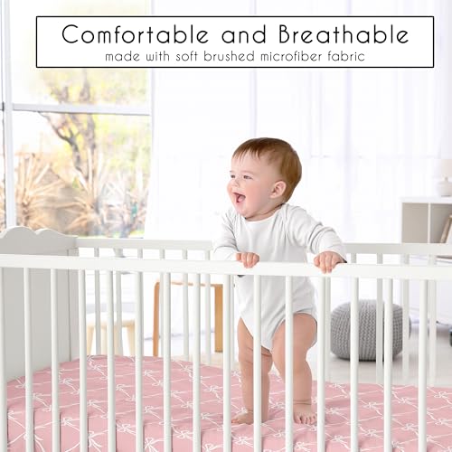 Image of Sweet Jojo Designs 3-Piece Baby Crib Sheets Set (Pink Bows) for Girls, Infant Nursery, Toddler Room - Fitted, Standard Size (Solid Blush, Elegant Bow for Ballerina, Ballet, Dancer Princess Collection)