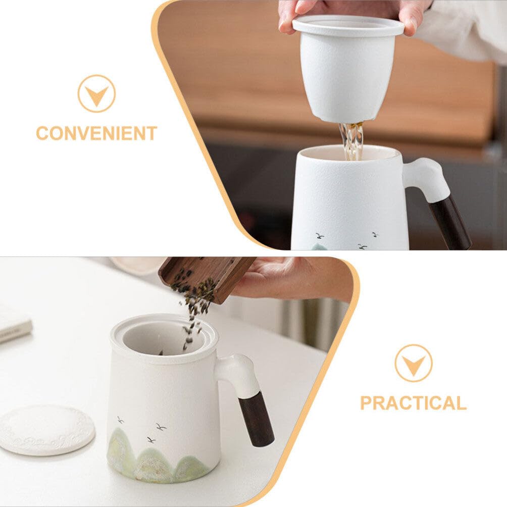 Alipis Tasse à Thé Poignée en Bois avec Infuseur et Couvercle en Céramique Filtre à Thé Intégré Design Blanc Élégant Usage Domestique et Bureau