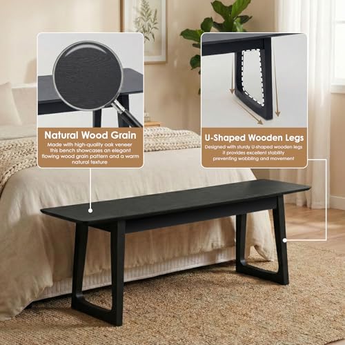 Image of HNY Black Dining Bench, Farmhouse Solid Entryway Bench, 55 Inch Long Wooden Bench, Kitchen Dining Seat for Entryway /Dining Room /Kitchen /Living Room