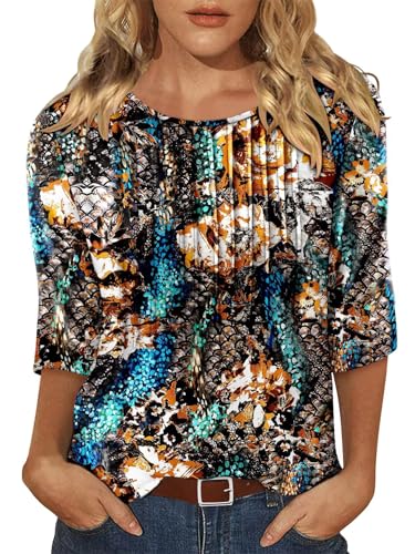 KISSMODA Tunic Tops for Women Loose Fit Dressy Round Neck Pleated 3/4 Length Sleeve Spring Tops