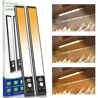 Mpotmiy Under Cabinet Lights with Digital Display,52 LED Rechargeable Motion Sensor Light Indoor,3 Color Temperatures, Magnetic Dimmable Closet Lights, Under Counter Light for Kitchen, Stairs,2-Pack