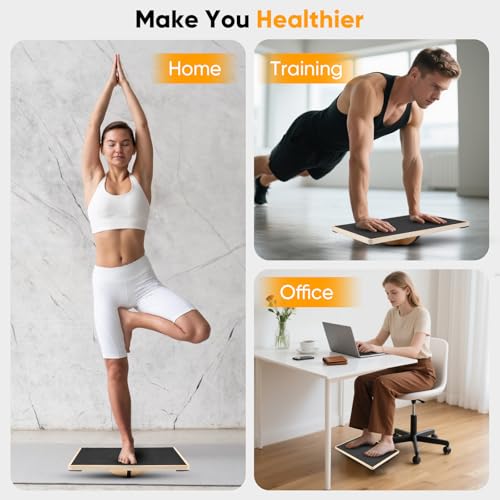 Balance Board aus Holz, 360° Balancebrett, 150kg belastbar, Stabil und Stark Professional Wobble Board, Rutschfestes Wackelbrett für Erwachsene, Übung Körper Gleichgewicht strecken Beinmuskeln