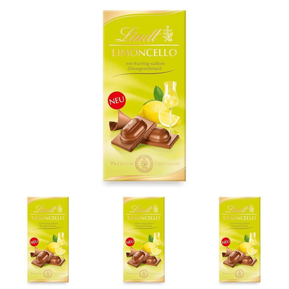 Lindt Schokolade | Limoncello Tafel | 100g | zartschmelzende Vollmilch-Schokolade mit fruchtigem Limoncello Geschmack | alkoholhaltige Schokoladen-Tafel (Packung mit 4)