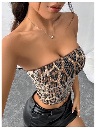 SOLY HUX Women's Leopard Print Sequin Tube Top Strapless Sleeveless Y2k Bandeau Crop Tops4