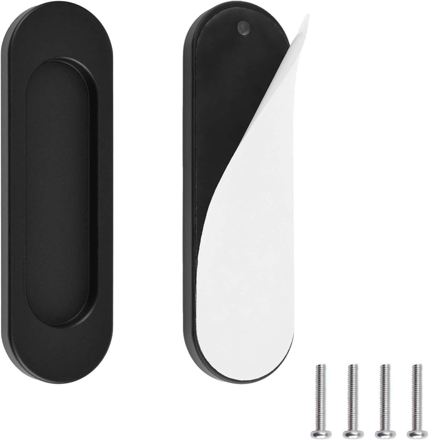 MOROBOR Self-Stick Oval Sliding Door Pulls, 2pcs Aluminum Alloy Flush Pull Punch-Free Handle for Sliding Barn Door Windows Cabinets (Matte Black, 100mm)