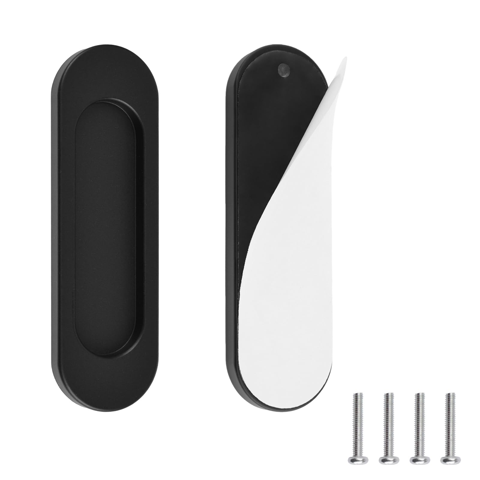MOROBOR Self-Stick Oval Sliding Door Pulls, 2pcs Aluminum Alloy Flush Pull Punch-Free Handle for Sliding Barn Door Windows Cabinets (Matte Black, 100mm)