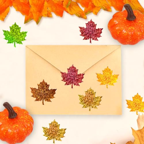 Image of 500Pcs Fall Thanksgiving Leaf Stickers 1.5in Maple Leaf Decals 5 Colors Holographic Self Adhesive Label Leaves Stickers Roll for Autumn Party Cards Seal Envelopes Supplies Decor