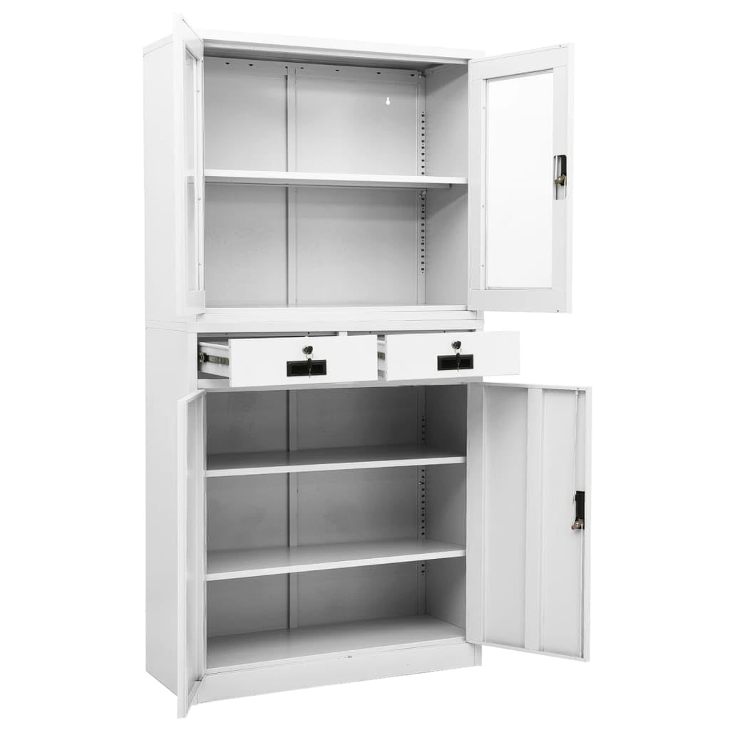Armario de oficina blanco 90 x 40 x 180 cm, acero templado con 3 estantes ajustables, 4 puertas, 2 cajones, armario con cerradura para oficina, cocina, despensa