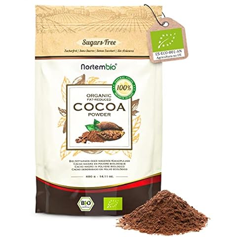 Nortembio Organic Cocoa Powder 400 g. 100% Natural Fat-Reduced Cocoa. Premium Quality. Gluten, Sugar and Lactose Free. High Fibre Content. Zip Closure Packaging. Ideal for Hot Chocolate and Baking Cover
