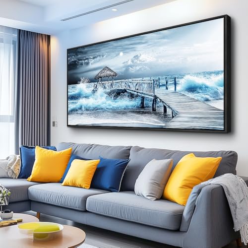 ERQINHUA Wall Decor For Living Room Canvas Wall Art For Bedroom Office Blue Wave Landscape Painting Black Frame Murals Artwork For Modern Stretched and Framed Beach Posters Home Decor 20"X40"