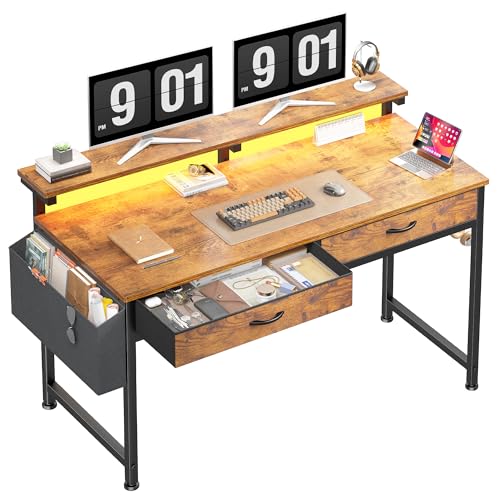 Image of DurayLoly 47.3Inch Office Computer Desk with LED Lights & 2 Fabric Drawers, Gaming Desk with Side Pocket & Ergonomic Monitor Stand, Small Space Study Writing Table with Anti-Tip Design, Rustic Brown