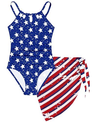Image of KANGKANG Girls Swimsuit Quick Dry Cut Out One Piece Swimsuits with Tropical Print Cover Up Skirt Bathing Suit Swimwear 7-18Y