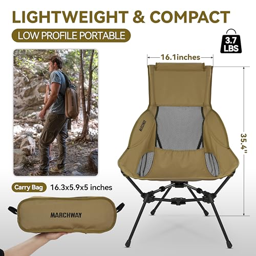 Image of MARCHWAY Lightweight Folding High Back Camping Chair with Head Support, Stable Portable Compact for Outdoor Camp, Travel, Beach, Picnic, Festival, Hiking, Backpacking (Highback Khaki)