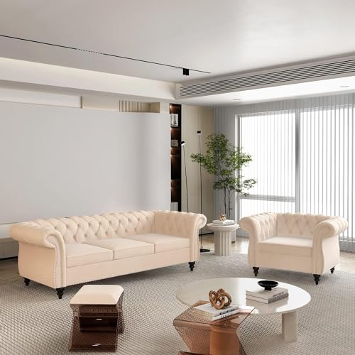 Image of A to Z Furniture Modern Classic Fabric & Valvet Tufted Chesterfield Sofa Living Room and Office (Beige)