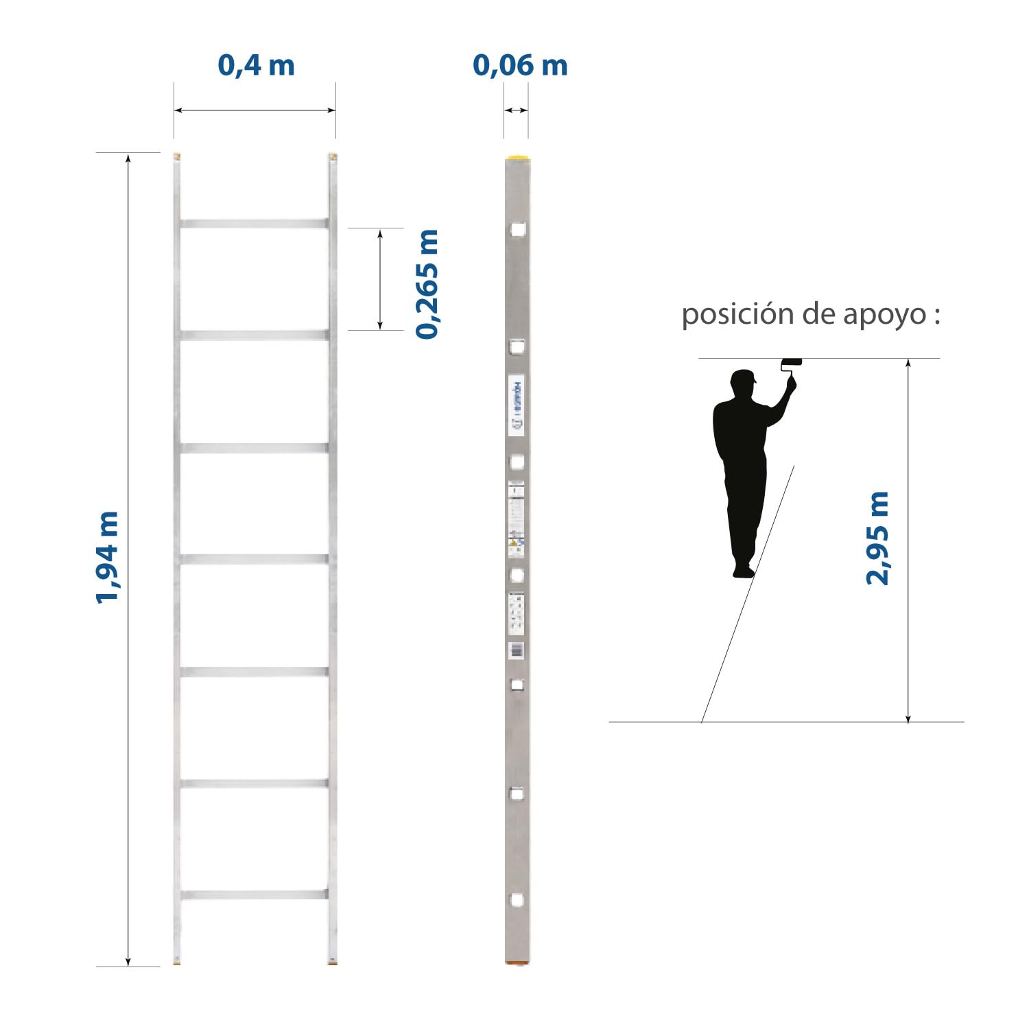 HOSTRÖM Escalera Simple StablePro 7 peldaños de Aluminio, Ligera y Duradera, Altura máxima de Trabajo 2,95 m, garantía de 5 años, Carga máxima 150 kg.