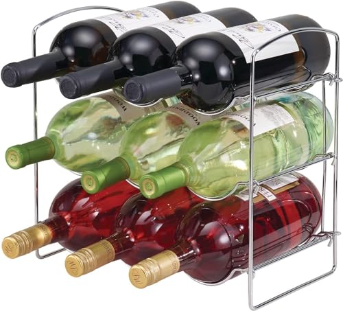 Image of Metal Water Bottle Rack Storage Organizer for Kitchen Countertops, Pantry, Fridge - Stores Wine, Beer, Pop /Soda - 3 Levels, Each Holds 9 Bottles, Free-Standing (Silver)
