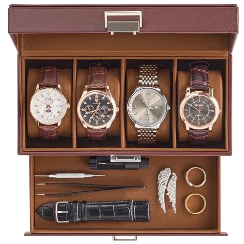 ProCase Watch Case, 4 Slot Mens Watch Box Holder Organizer with Glass Lid, 2-Layer Watches Display Case, Mens Jewelry Box with Drawer, Birthday Valent