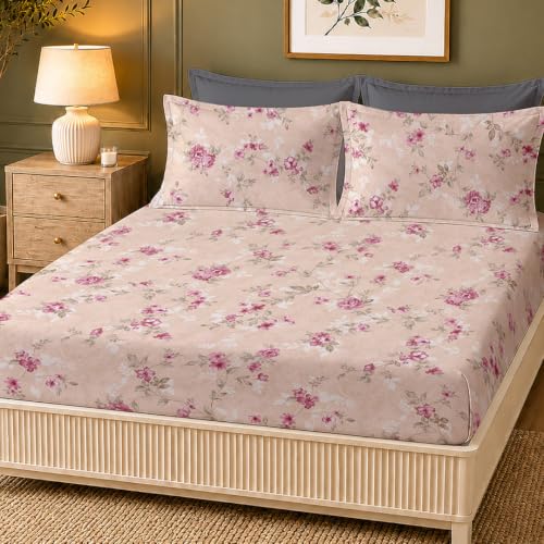 Image of LANE LINEN Symphony 100% Cotton 144TC King Bedsheet Set, 3 Piece, Printed | Printed 3-Piece Set With 1 King Fitted Bedsheet (1.83 x 1.98 M + 0.30D CM), 2 Pillow Covers, 144 TC, Soft & Breathable Cotton