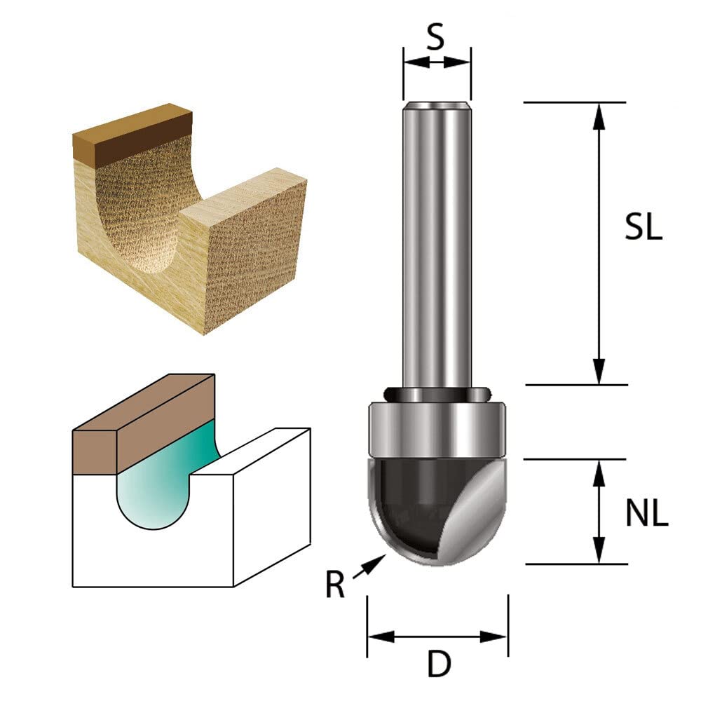 ENT 12500 Fresa a filettare in metallo duro, gambo (S) 8 mm, raggio (R) 6 mm, D 12 mm, NL 12 mm, SL 32 mm, con cuscinetto a sfere, lavorazione del legno, router