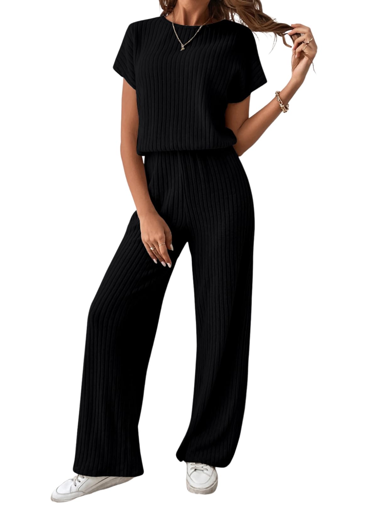 Happy Sailed Women's Casual Loose Solid Ribbed Crewneck Short Sleeve Long Romper Stretchy Wide Leg Jumpsuits size L