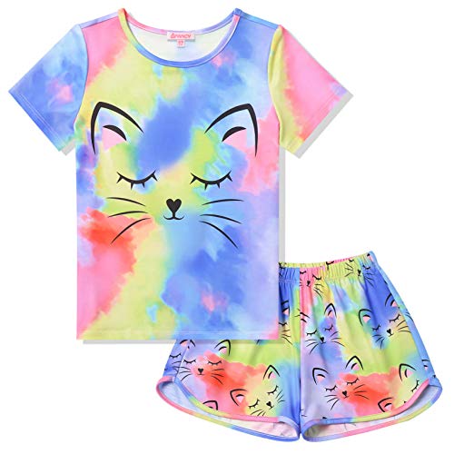 QPANCY Cat Pajamas for Girls Tie-Dye Pjs Sets Kids Short Sleeve Ombre Night Shirt Size 8 9