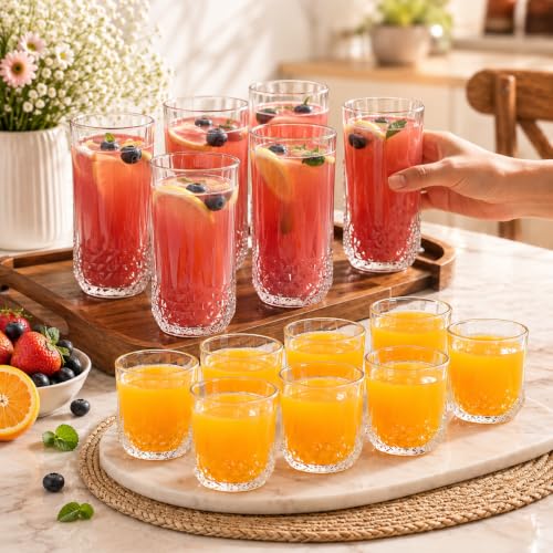 Image of bellemax Premium Dotted Design Water & Juice Glasses, 240 ML & 270 ML Combo, Drinking Glasses for Home, Kitchen, Dining, Party & Everyday Use Set of 12
