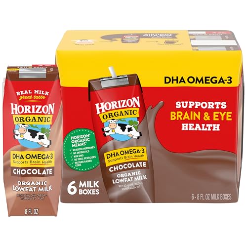 Horizon Organic Shelf Stable 1% Lowfat DHA Omega-3 Chocolate Milk Boxes, 8 fl oz, 6 Count - 8g Protein per Serving, USDA Organic UHT from Pasture-Raised Cows, Ready to Drink for Lunchbox, Travel, or On-the-Go, No Refrigeration Needed