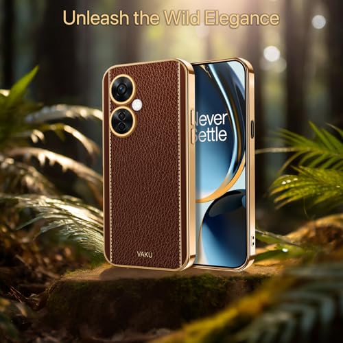 Image of Vaku Luxos Luxemberg Back Cover for OnePlus Nord CE 3 Lite 5G with Leather Pattern Gold Electroplated Soft TPU Cover Shockproof Protective Case- Brown