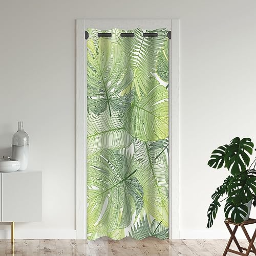 Tropical Green Leaves Door Curtains for Doorways, Palm Leaf Summer Green Plant Blackout Curtain for Kids Bedroom Closet, Grommet Thermal Insulated Privacy Door Drapes for Room Divider, 42