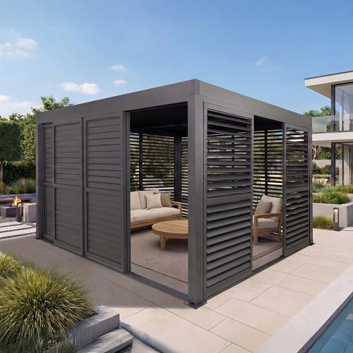 Alu Pergola HWC-L46, Pavillon Terrassenüberdachung, 7X Lamellenpaneel 7X Schiebetüren...