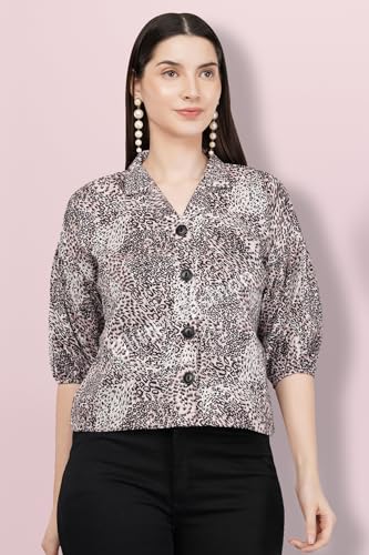 Image of Women Printed Oversized Lapel Collar Casual Crop Shirt