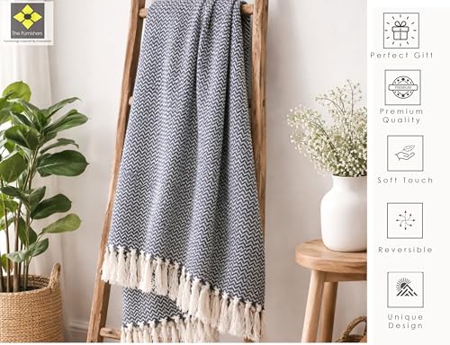 Image of Chevron 78x60 Inch Reversible Cotton Throw Blanket with Tassels| Blanket for Living Room, Sofa, Bed, Chair, Picnic & Used for Gift | Navy Narrow Chevron, Size - 200x150 Cm