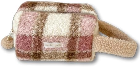 Fluffy Makeup Pouch, Check, Open Wide, Large Capacity, Large Capacity, Pom Pom, Cosmetic Pouch, Easy To Put Out, Handle Included, Pink