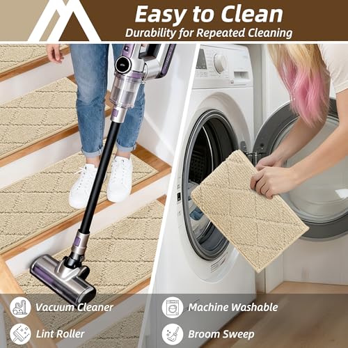 Image of COSY HOMEER Stair Treads for Wooden Steps 9 inchx28 inch,Washable Non Slip Carpet Stair Treads with Reusable Residue Free Backing Soft Peel and Stick Stair Runner Rugs for Kids Elders Pets,Warm Beige,4pcs