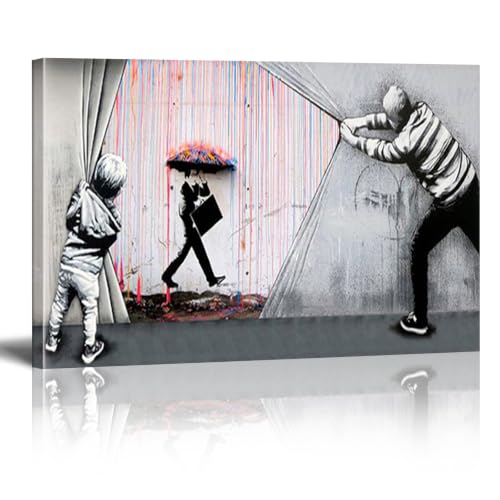 Toile Banksy Colorful Rain avec cadre intérieur pour rompre la monotonie des murs blancs