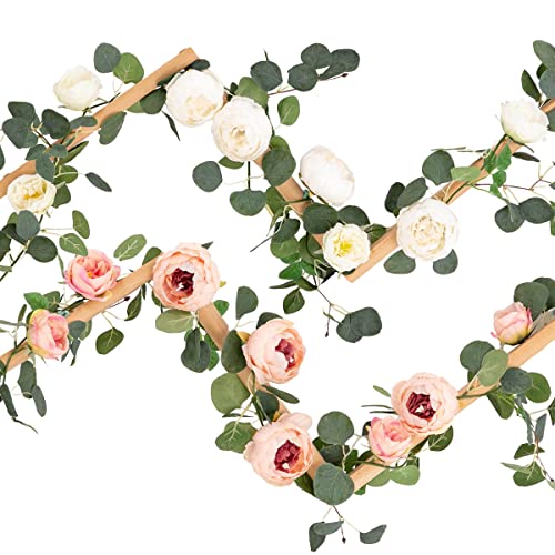 Image of Floweroyal 2 Pack Artificial Flower Garlands 11.2FT Eucalyptus Garlands with Flowers 8 Head Peony Flower Vine Faux Floral Garland for Wedding Arch Table Wall Backdrop Wreath Decoration. (Pink & White)