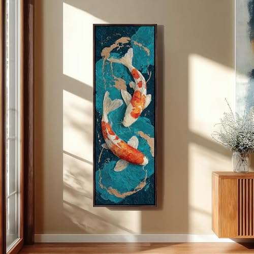 Tableau poissons koi bleu et or 20x60cm estampe japonaise encadrée