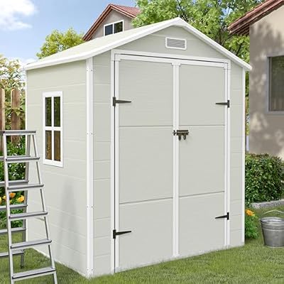 UDPATIO Outdoor Storage Shed 6x4.5 FT, Resin Outside Sheds & Outdoor Storage Plastic for Trash Can, Bike, Lawnmower, Generator, Tool Shed with Lockable Door for Backyard, Lawn, Patio, Sandstone