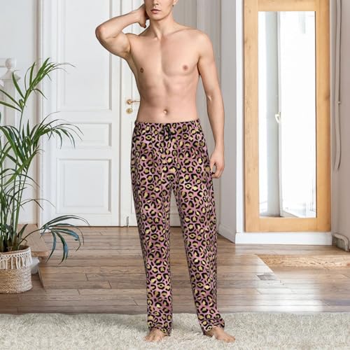 Mens Pajama Pants - Gold Pink Leopard Print Soft Sleep Lounge Pants For Men, Casual Pj Bottoms With Pockets2