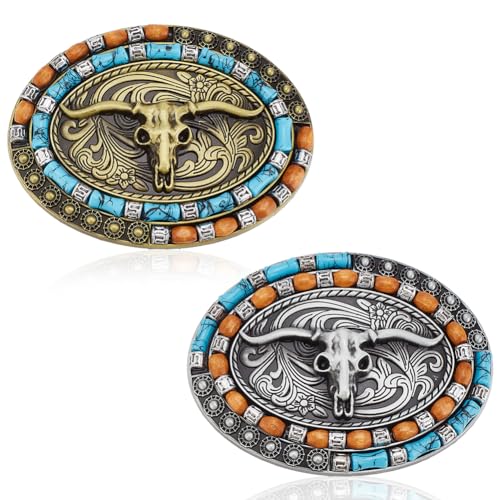 ANATTASOUL 2 Pcs Western Belt Buckle for Men Women Cowboy Cowgirl Long Horn Bull Turquoise Belt Buckle Vintage Golden Sliver Western Durable Denim Rectangle Alloy Belt Buckles for Birthday Gifts