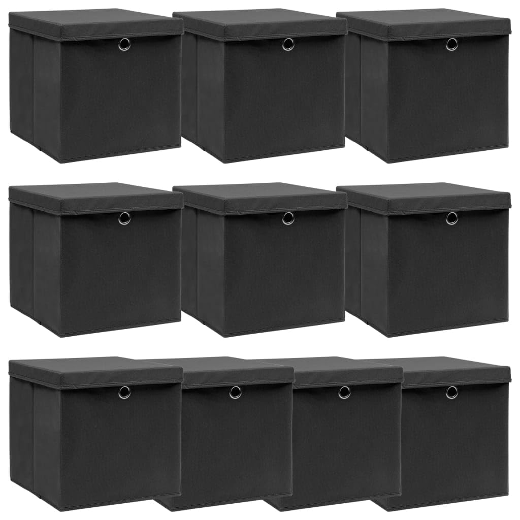 Cajas de almacenamiento con tapas, 10 unidades, color negro, 32 x 32 x 32 cm, de tela, plegable, para armario, organizador para el hogar