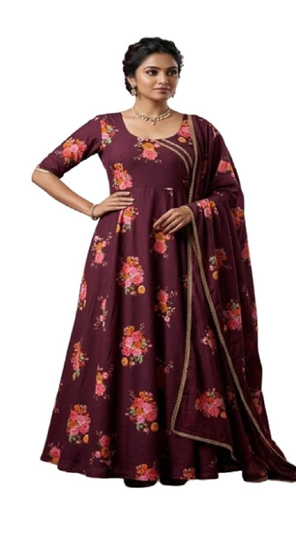 Women's Floral Printed Full Flare Anarkali Gown with Dupatta, Delta Fabric, Wine-image-18